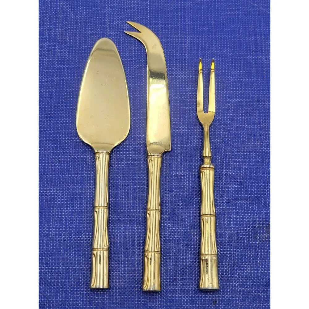 Vtg Gold Cane 3-Piece Cheese Serving Set Gold Electroplate Bamboo Design